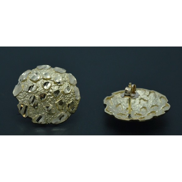 Real 10K Yellow Gold Large Round Diamond Cut Nugget Stud Earrings 18.6mm - Picture 2 of 7